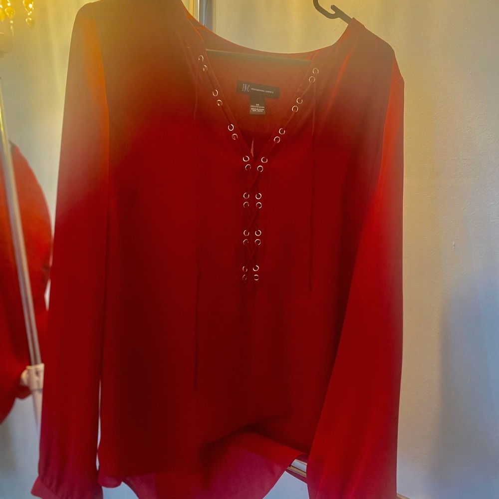 Red Sheer Lace Up Blouse by INC in Size 10